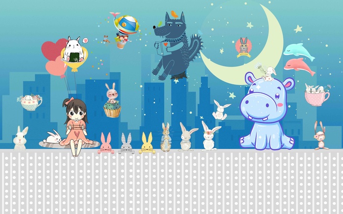 卡通手绘儿童房背景墙