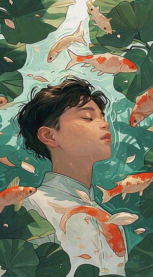 中国风金鱼喝水荷叶少年锦鲤手绘插画