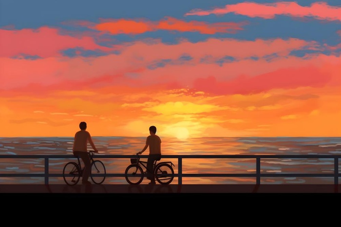 夕阳下骑自行车海边背景