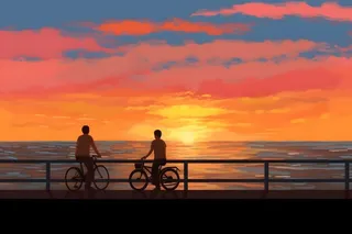 夕阳下骑自行车海边背景
