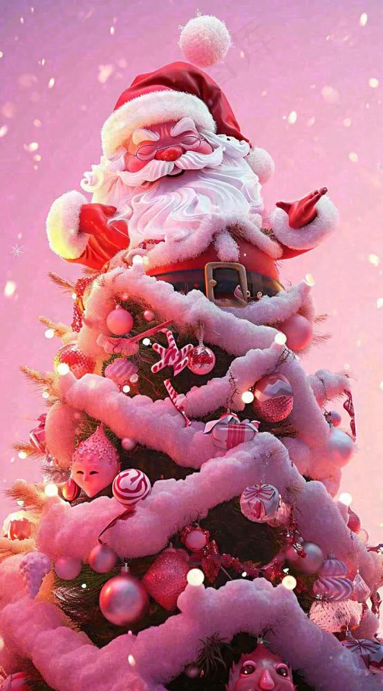 圣诞节快乐圣诞老人雪花，粉色渐变卡通(816x1472)