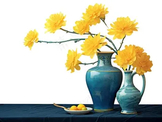 重阳黄色菊花花瓶饮茶插画免抠