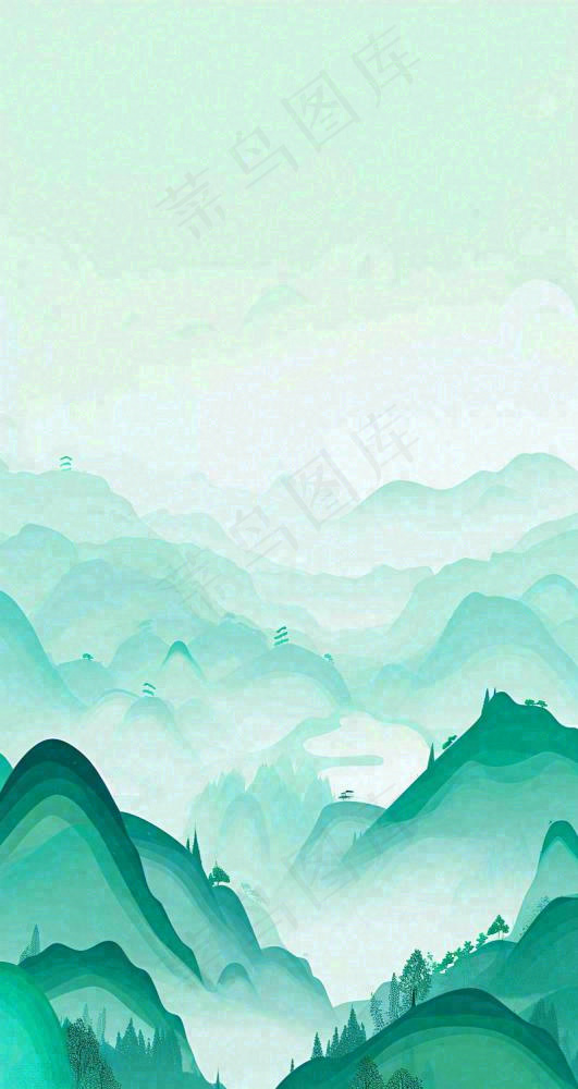国风意境山水画落日绿色(800x1504)