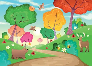 卡通树林与小路