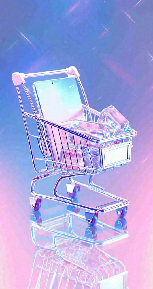 彩色奇幻渐变蓝紫粉色购物车手推车3D(800x1504)