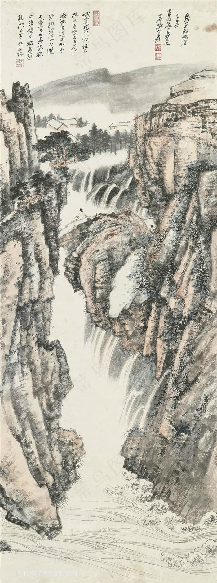 张大千手绘水墨山脉风景画