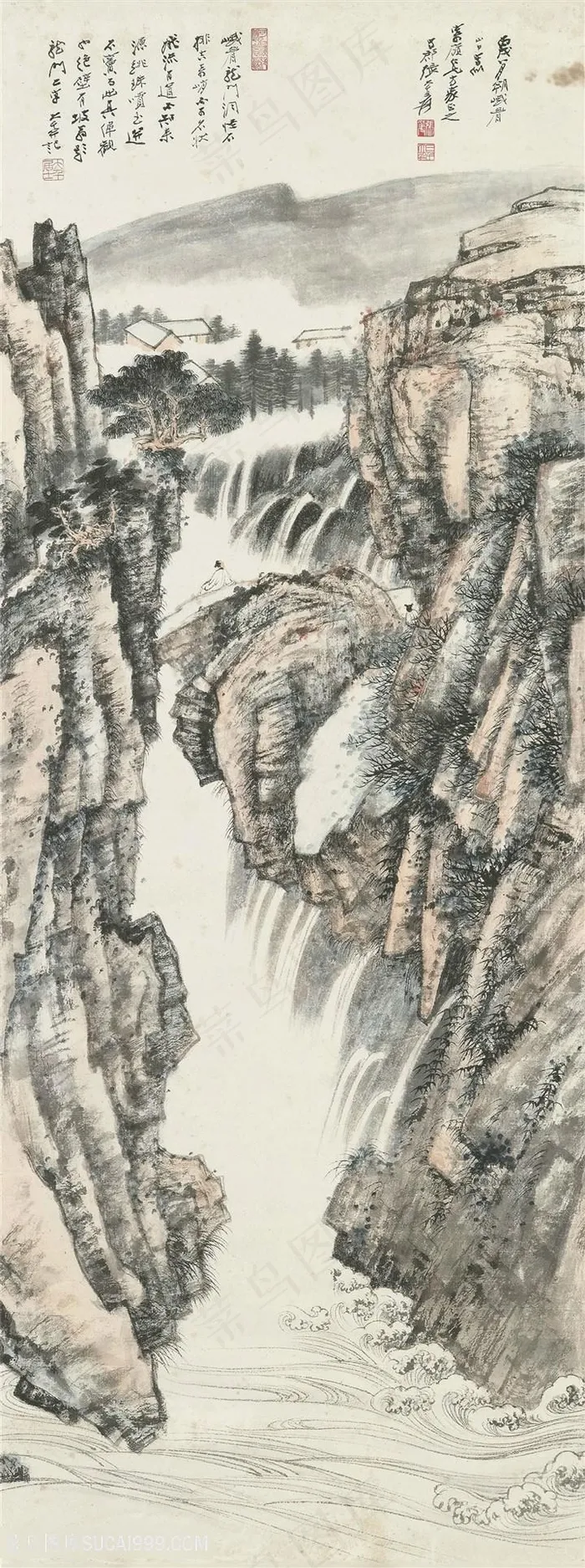 张大千手绘水墨山脉风景画