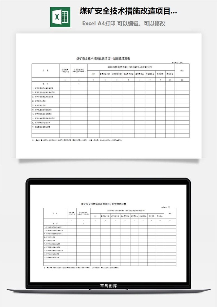 煤矿安全技术措施改造项目计划完成情况表excel模板