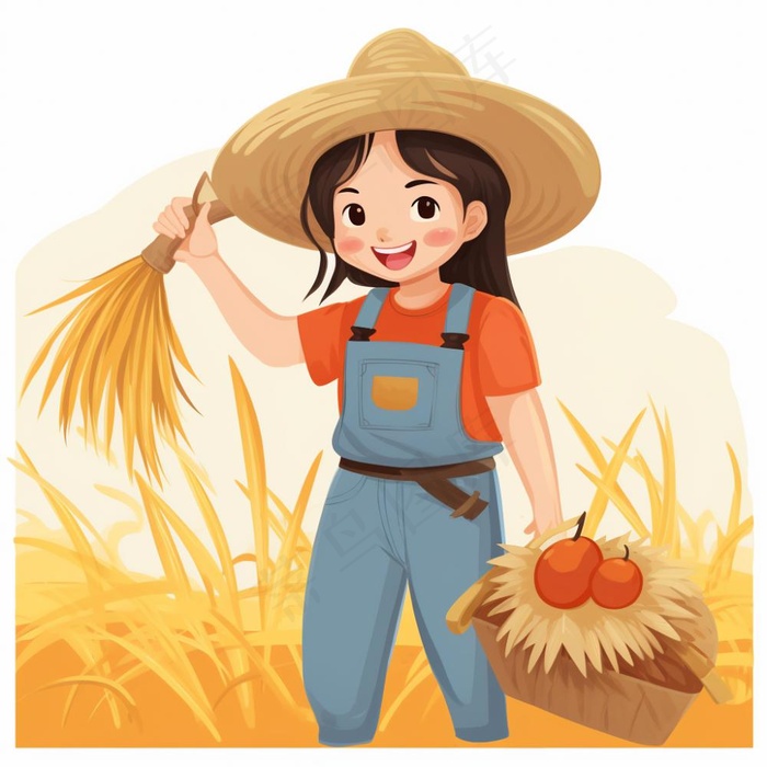 秋收女孩收麦子插画素材