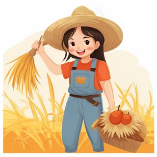 秋收女孩收麦子插画素材