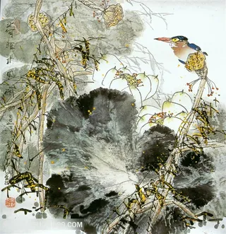 时尚水墨荷叶鸟中式装饰画