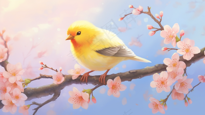 冬季梅花桃花上的小鸟插画素材(4368x2448)