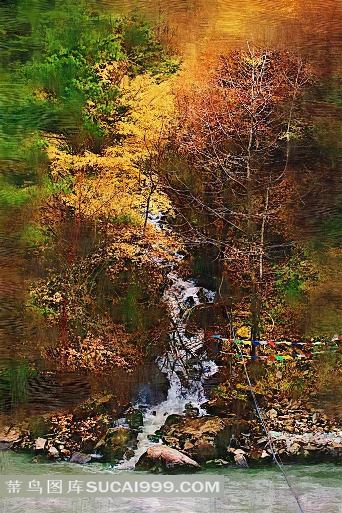 竹林瀑布风景油画