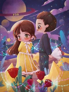 卡通温馨浪漫2月14七夕520情侣拥抱情人节主题插画海报PSD素材