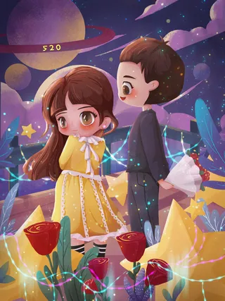 卡通温馨浪漫2月14七夕520情侣拥抱情人节主题插画海报PSD素材