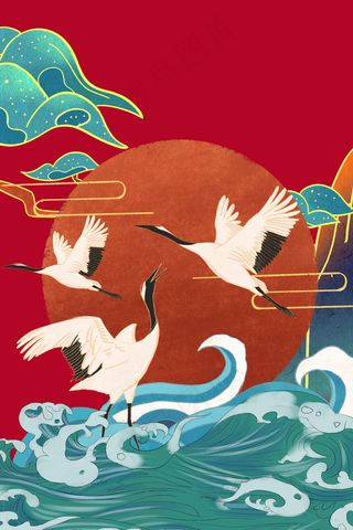 绿红色手绘国潮风背景海报