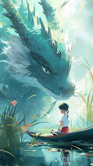 古风河面龙传统手绘插画，中国风漫画