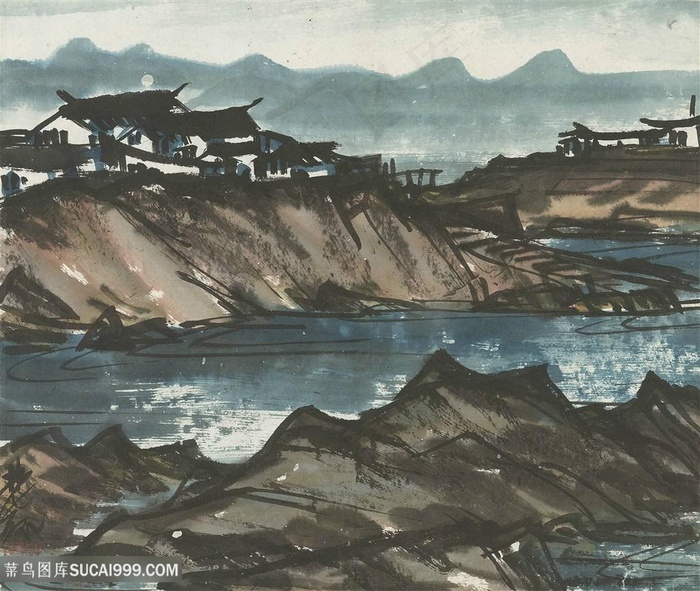 林风眠油画河畔山脉房子风景画