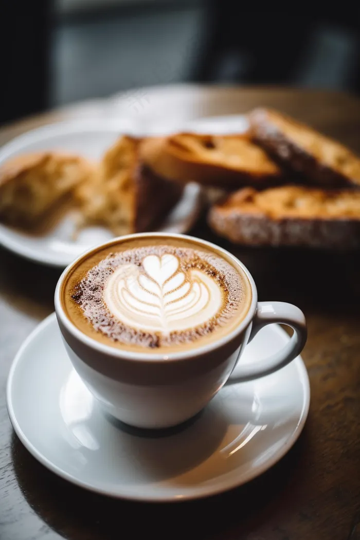 下午茶咖啡拉花面包牛角包摄影图(2688x4032)