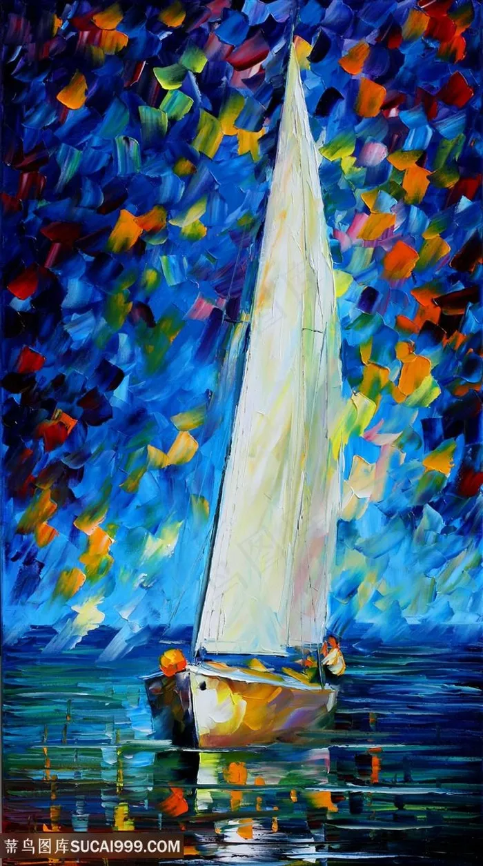 唯美水彩帆船美景油画装饰画