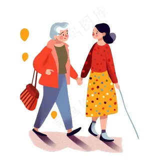 奶奶和孙女搀扶温馨卡通插画免抠