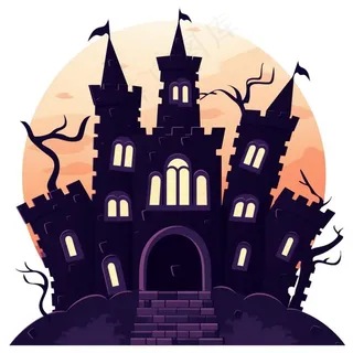 万圣节城堡枯树蝙蝠恐怖插画免抠
