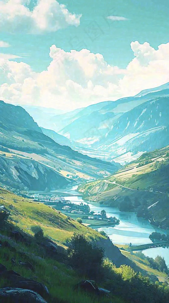 蓝天白云连绵山脉小溪河流小屋，阳光晴天(816x1456)