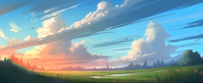 春天蓝天白云草原绿色树草地手绘插画海报素材背景(6848x2816)