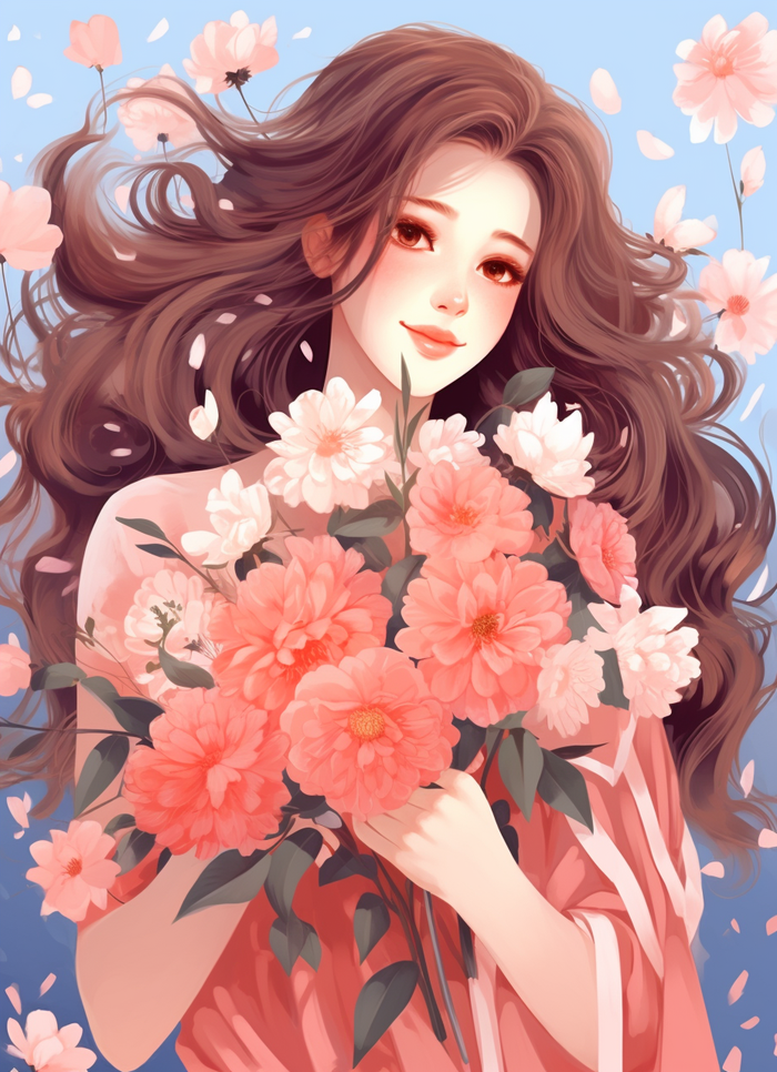 美丽少女抱着大捧粉色鲜花卡通插画(x)