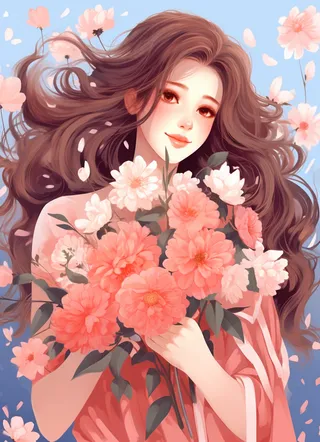 美丽少女抱着大捧粉色鲜花卡通插画