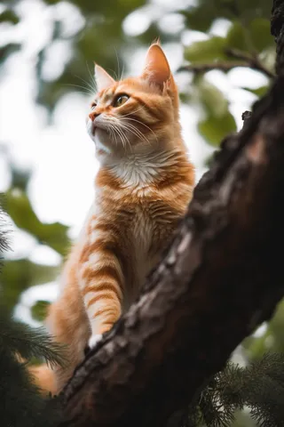 橘猫田园猫爬在树干上玩耍摄影图