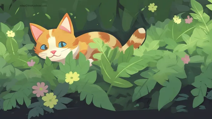 绿色草丛树叶里猫咪卡通插画(x)