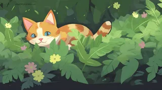 绿色草丛树叶里猫咪卡通插画