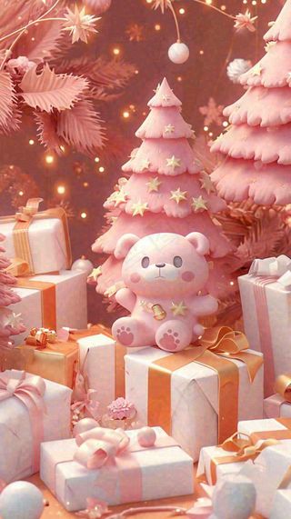 礼物粉色唯美C4D效果儿童小熊，圣诞树圣诞节