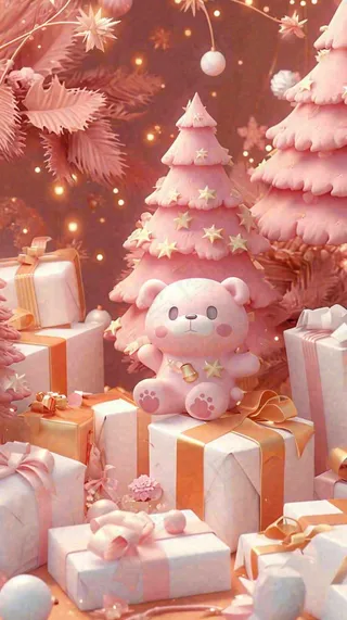 礼物粉色唯美C4D效果儿童小熊，圣诞树圣诞节