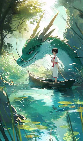 古风河面龙传统手绘插画，中国风漫画