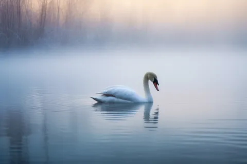 清晨晨雾湖面中的天鹅摄影图