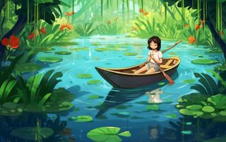 湖泊划船女孩山水风景背景