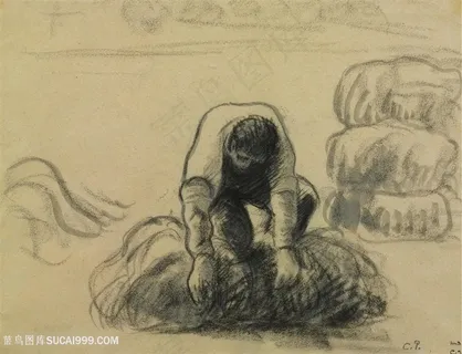 德加手绘蹲着的男子素描装饰画