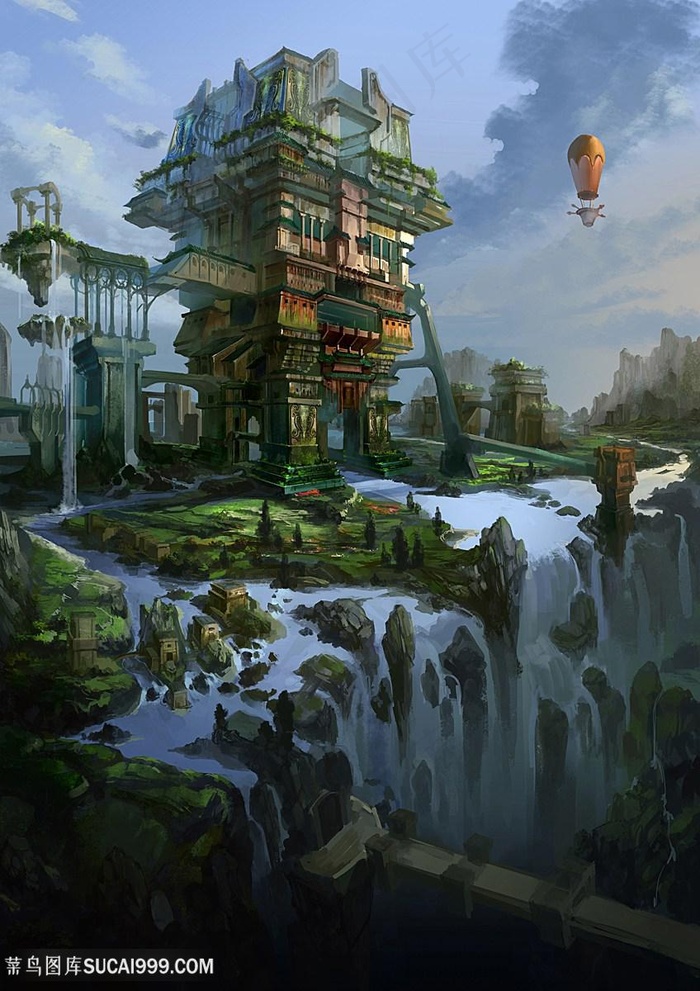 瀑布喝酒朋克建筑物中国风CG原画绘画图片