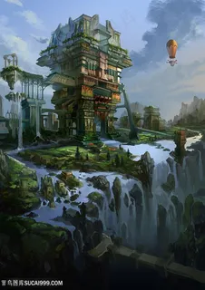 瀑布喝酒朋克建筑物中国风CG原画绘画图片