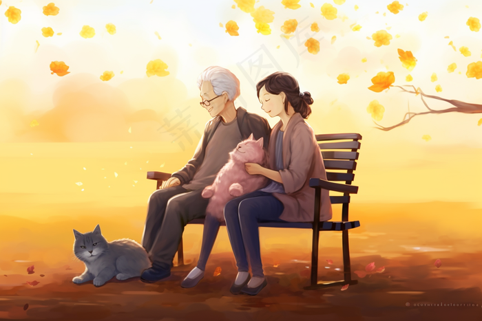 夕阳下老人们做长椅上猫咪重阳插画素材背景 