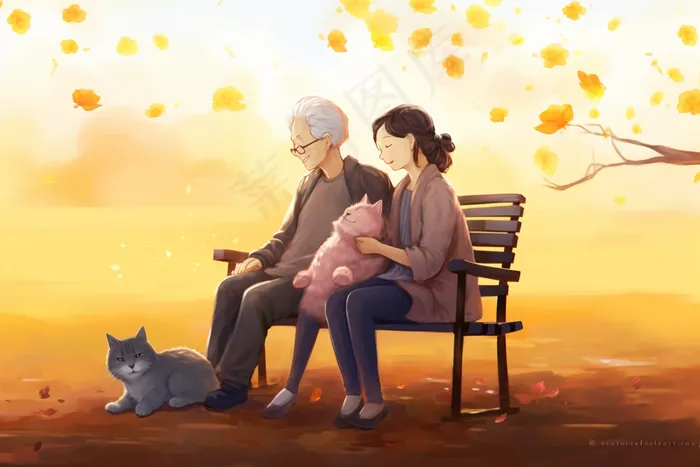 夕阳下老人们做长椅上猫咪重阳插画素材背景 (x)