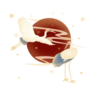 中国风国潮仙鹤山水插画手绘元素场景PSD设计素材