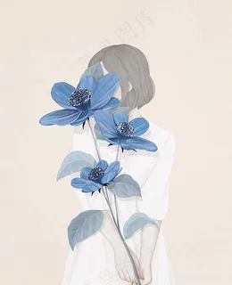 唯美手绘蓝色花卉花束插画