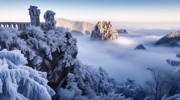 冬季清晨张家界的雾凇白雪和雾气风光摄影图(4368x2448)