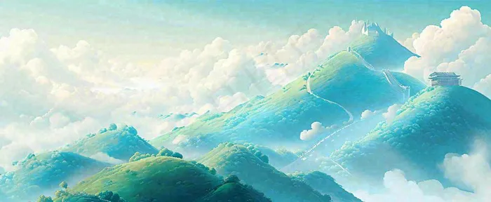 崇山峻岭高山白云中国风插画长城风景(1712x704)