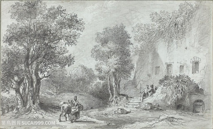 素描树林道路行人风景画装饰画手绘插画
