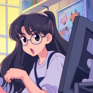 动漫女电脑前的少女头像插画素材背景