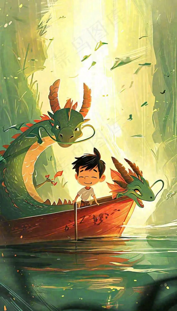 国风龙神话传说海面船只中国风插画(832x1456)